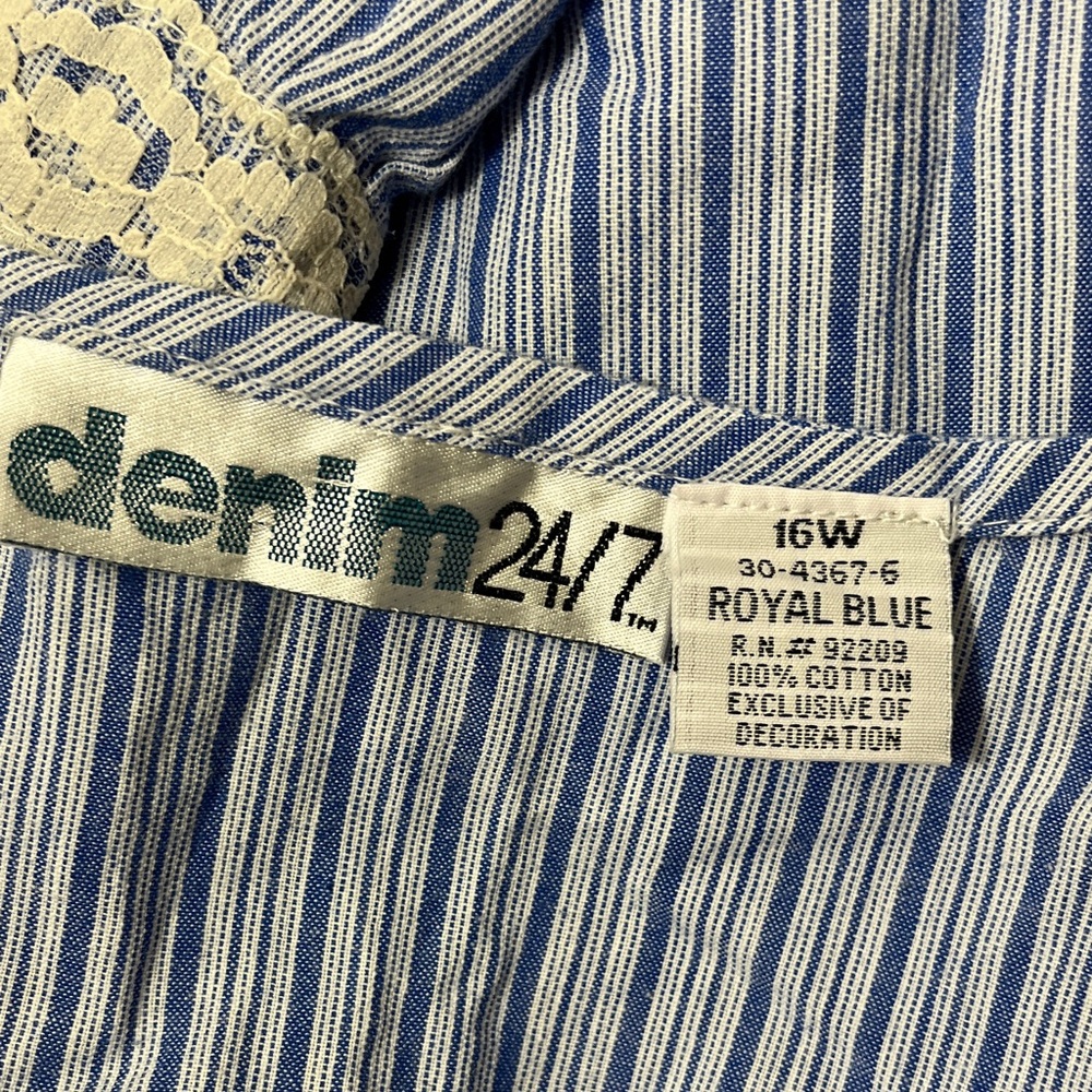 Denim 24/7 Blue Cotton Plus Size Striped Cream Lace-Trim Peasant Top - Picture 10 of 11